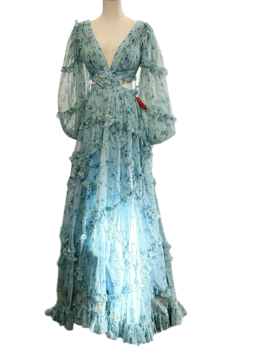 NWT Mac Duggal $498 MSRP Sky Blue Floral Long Sleeve Cutout Ruffle Tiered Gown - Picture 5 of 10
